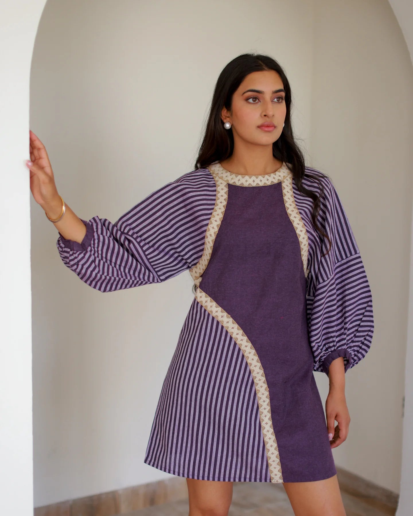 Lightweight Purple Lace and Stripe Dress for Everyday Wear