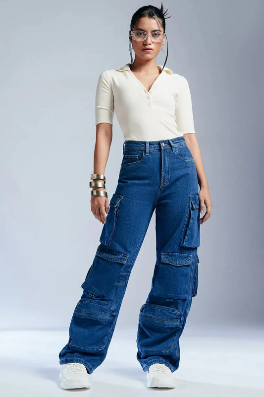 Chic Indigo Women Baggy Straight Cargo Jeans with Relaxed Straight Leg Silhouette