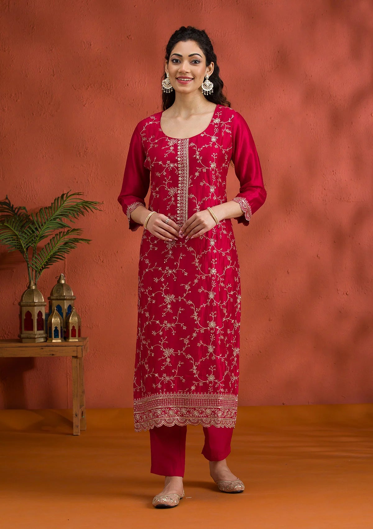 Elegant Rani Pink Threadwork Raw Silk Readymade Salwar Suit for Women Perfect for Festive Wear