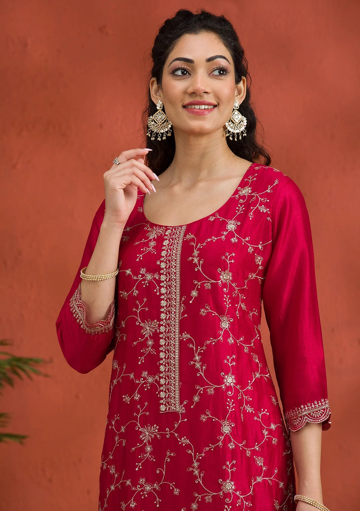 Elegant Rani Pink Threadwork Raw Silk Readymade Salwar Suit for Women Perfect for Festive Wear