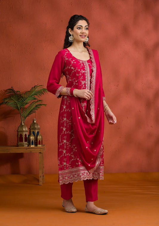 Elegant Rani Pink Threadwork Raw Silk Readymade Salwar Suit for Women Perfect for Festive Wear