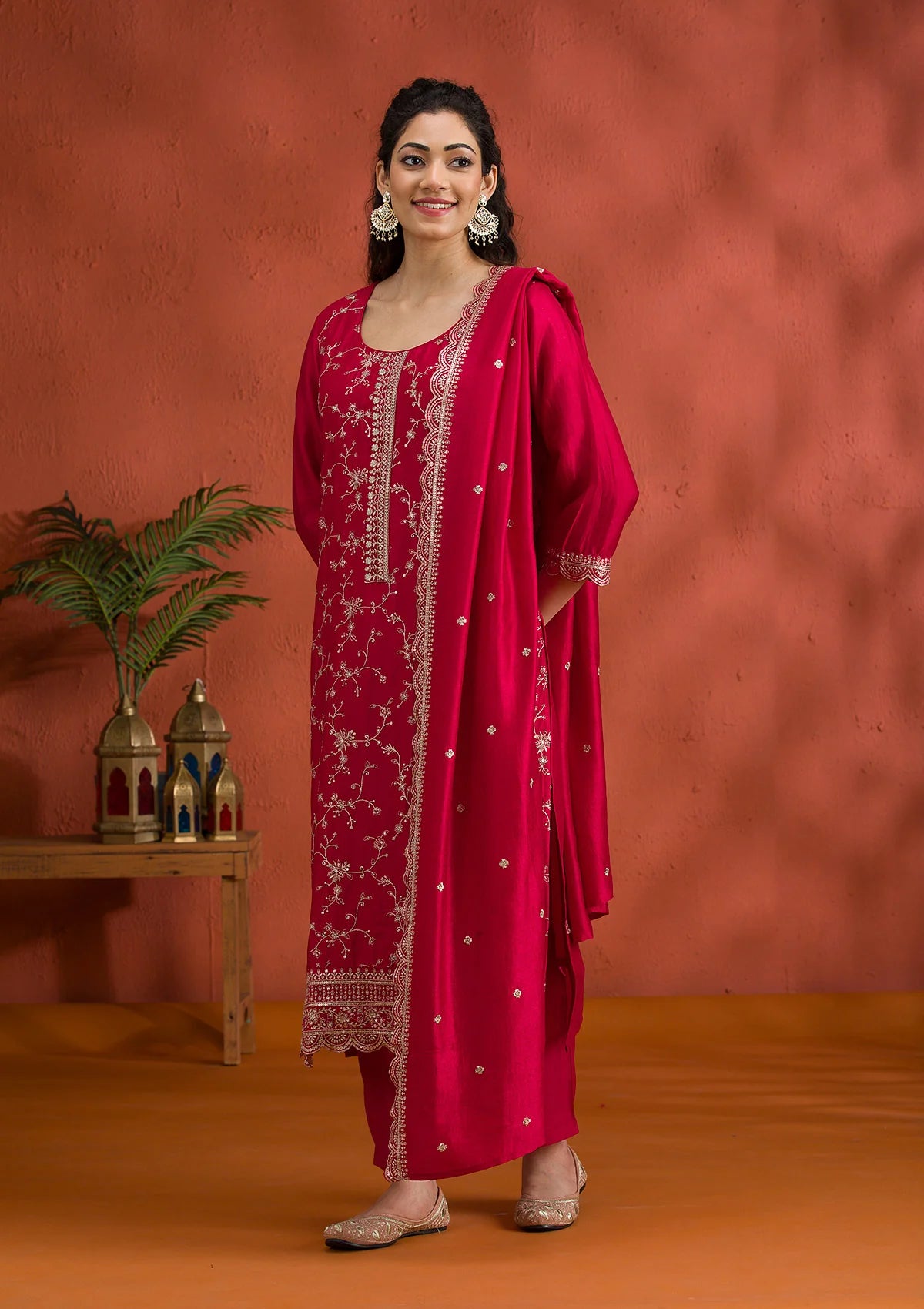 Elegant Rani Pink Threadwork Raw Silk Readymade Salwar Suit for Women Perfect for Festive Wear