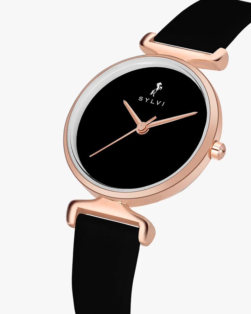 Women’s Black Leather Watch with Rosegold Finish Lightweight Comfortable Accessory