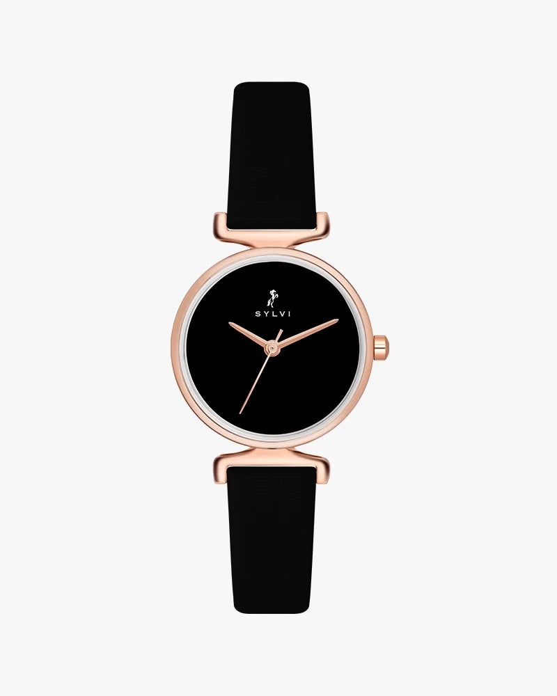 Women’s Black Leather Watch with Rosegold Finish Lightweight Comfortable Accessory