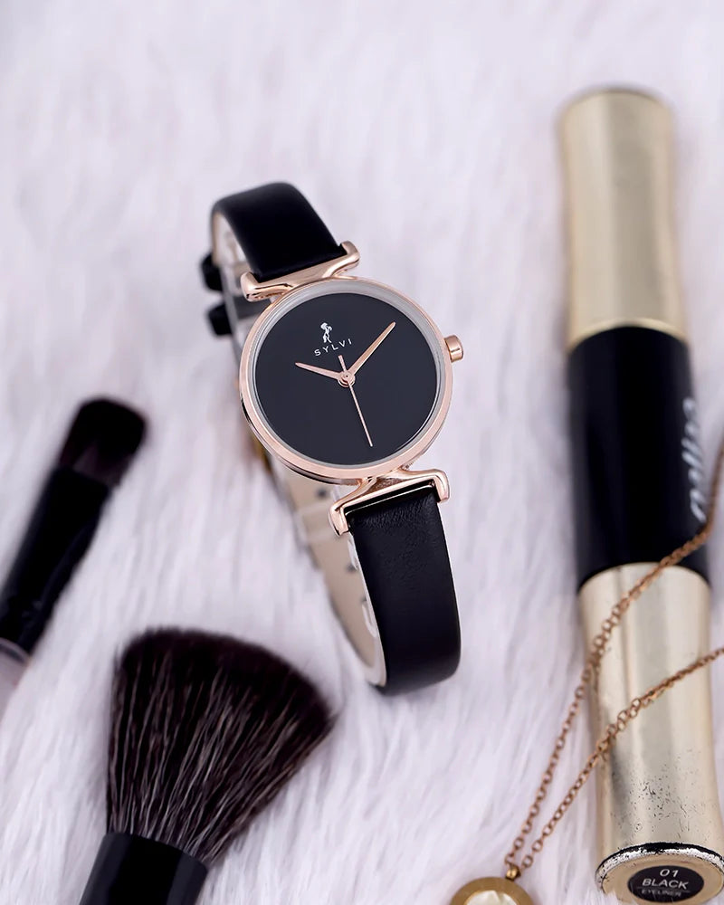Women’s Black Leather Watch with Rosegold Finish Lightweight Comfortable Accessory
