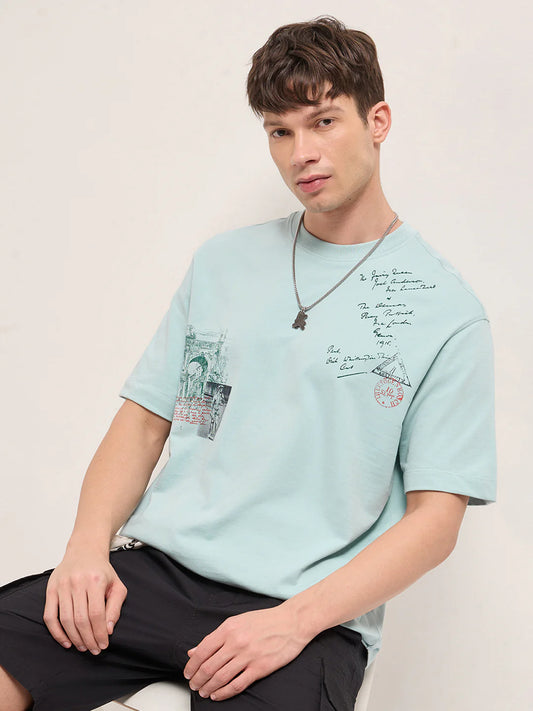 Stylish Casual T-Shirt for Men Light Mint Green Crew Neck Graphic Back Print
