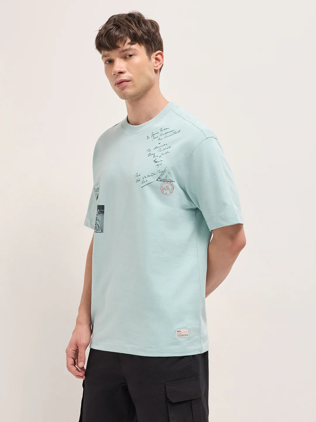 Stylish Casual T-Shirt for Men Light Mint Green Crew Neck Graphic Back Print