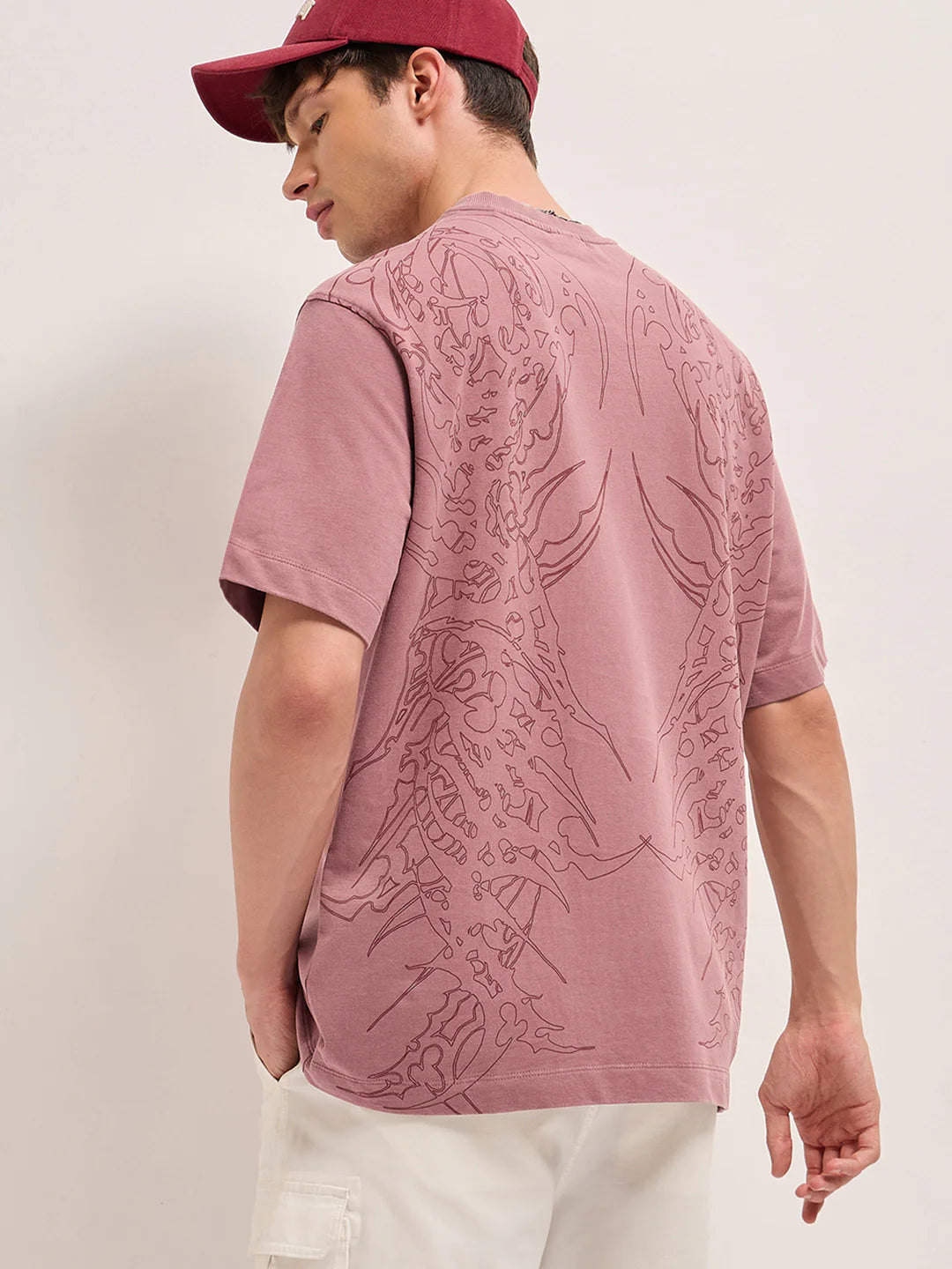 Comfortable Oversized Mauve T-Shirt Men Crew Neck Tribal Abstract Print Relaxed Fit