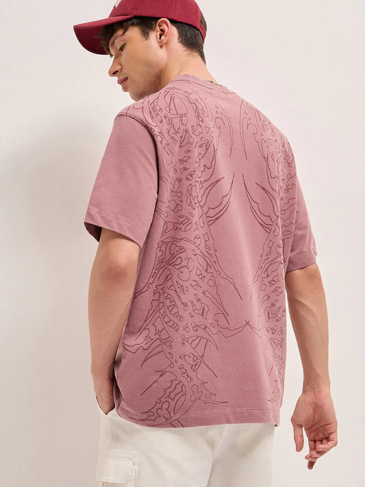 Comfortable Oversized Mauve T-Shirt Men Crew Neck Tribal Abstract Print Relaxed Fit
