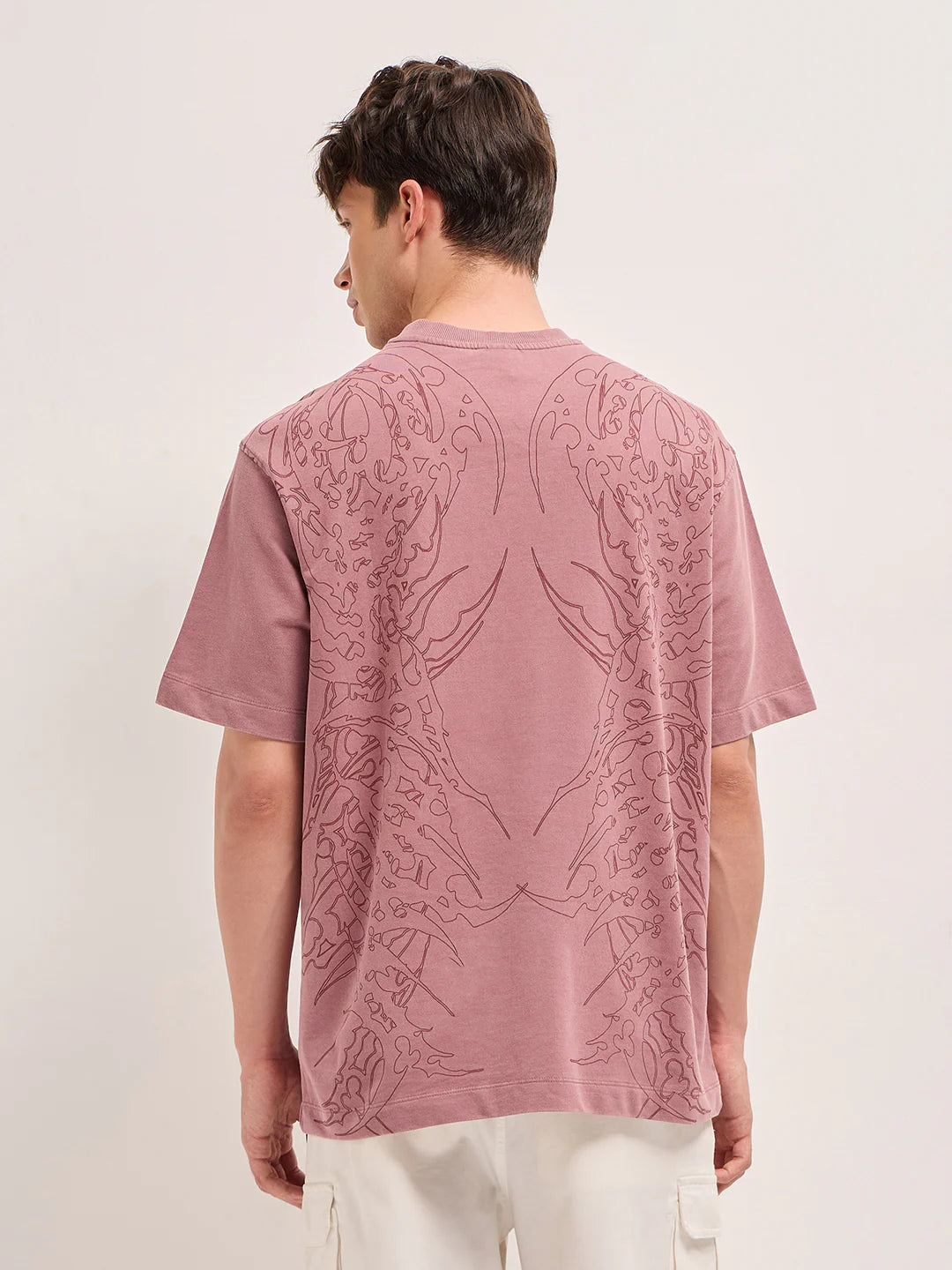 Comfortable Oversized Mauve T-Shirt Men Crew Neck Tribal Abstract Print Relaxed Fit