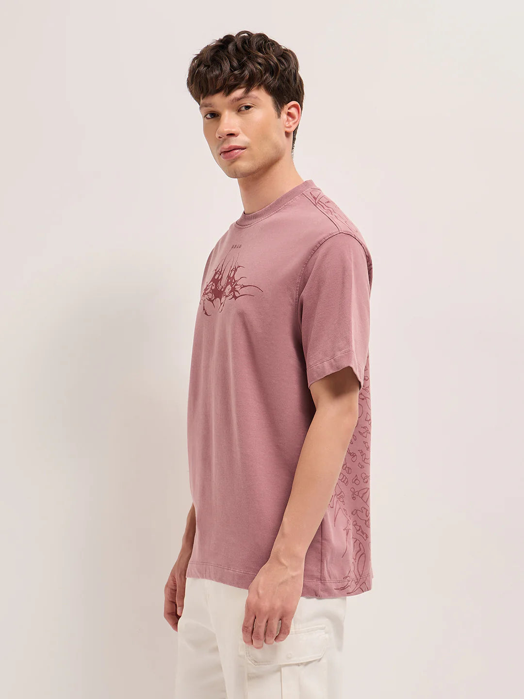 Comfortable Oversized Mauve T-Shirt Men Crew Neck Tribal Abstract Print Relaxed Fit
