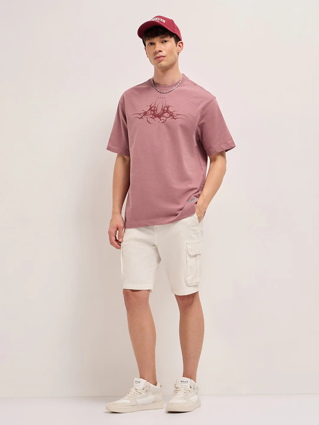 Comfortable Oversized Mauve T-Shirt Men Crew Neck Tribal Abstract Print Relaxed Fit