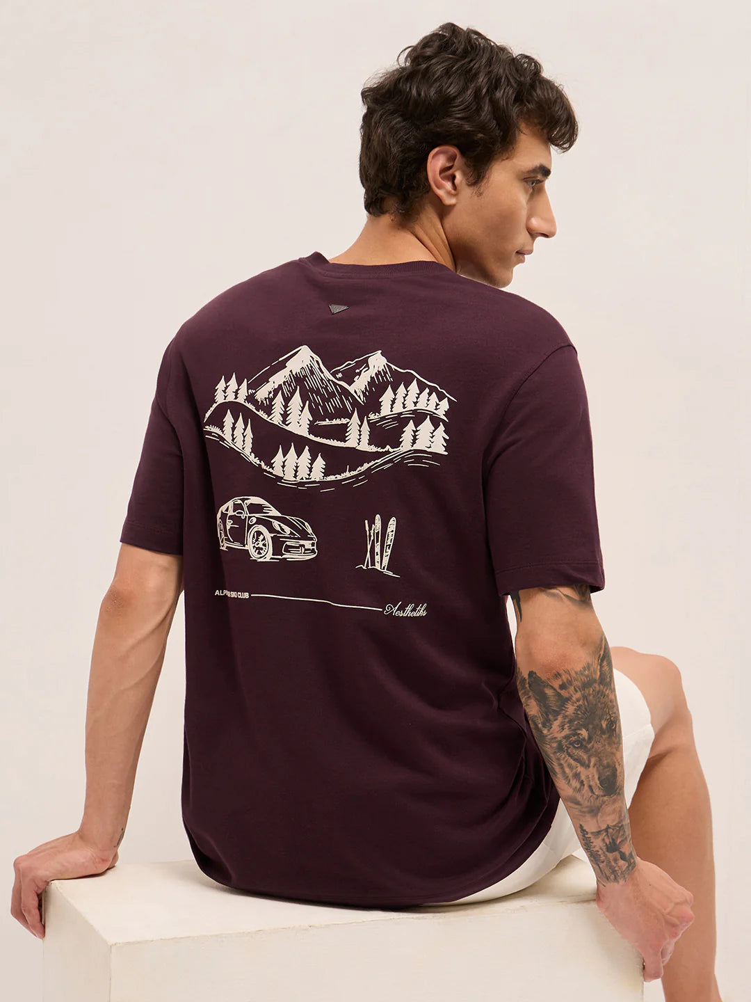 Trendy Maroon Crew Neck T-Shirt for Men Graphic Design with Back Scenic Print