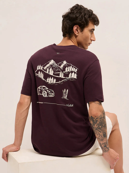 Trendy Maroon Crew Neck T-Shirt for Men Graphic Design with Back Scenic Print