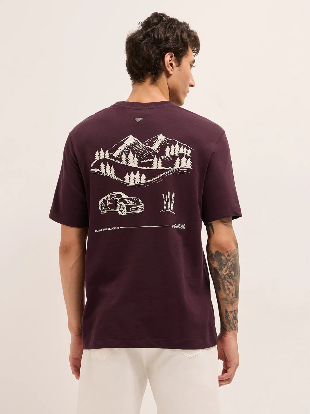 Trendy Maroon Crew Neck T-Shirt for Men Graphic Design with Back Scenic Print
