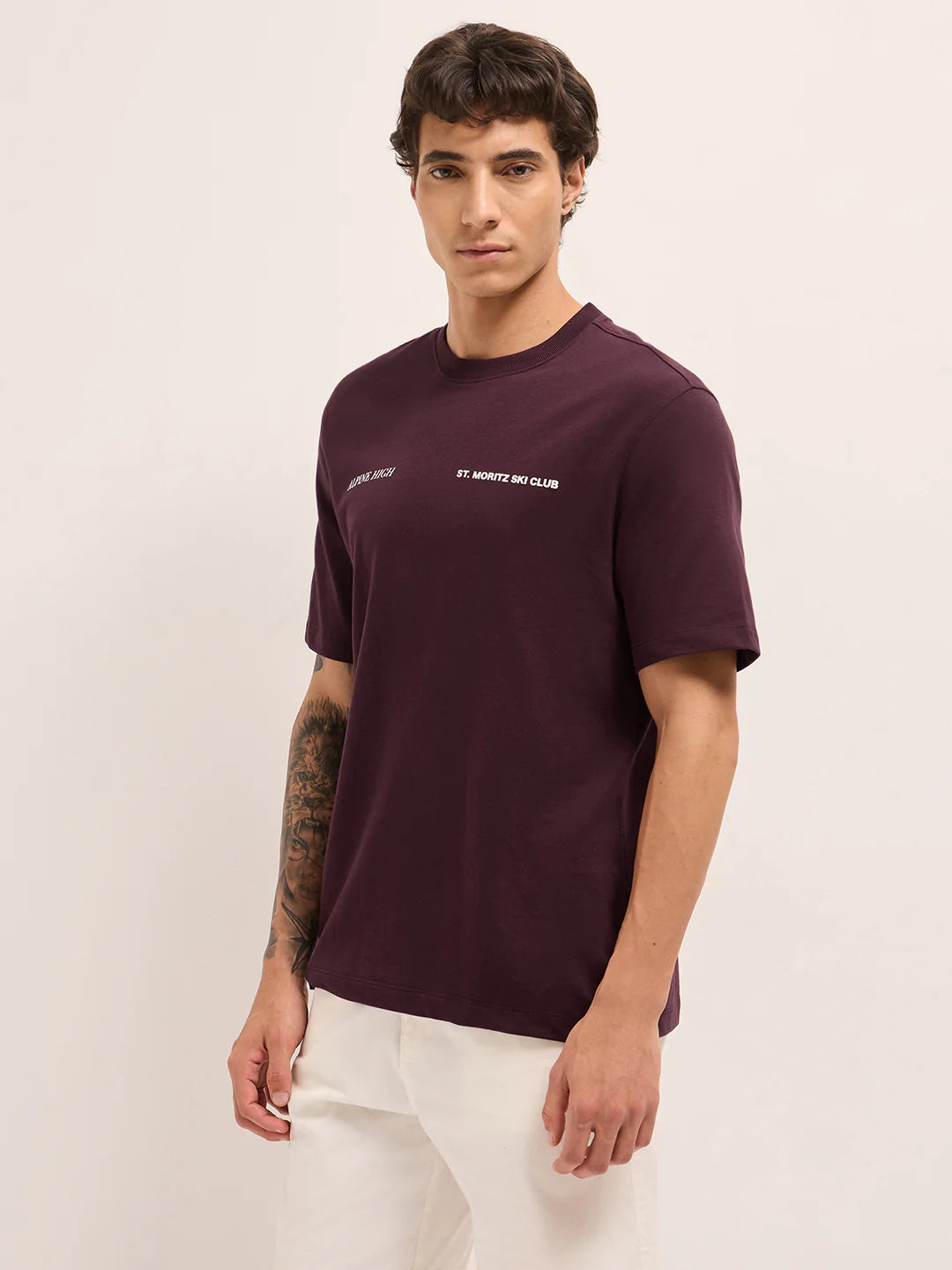 Trendy Maroon Crew Neck T-Shirt for Men Graphic Design with Back Scenic Print