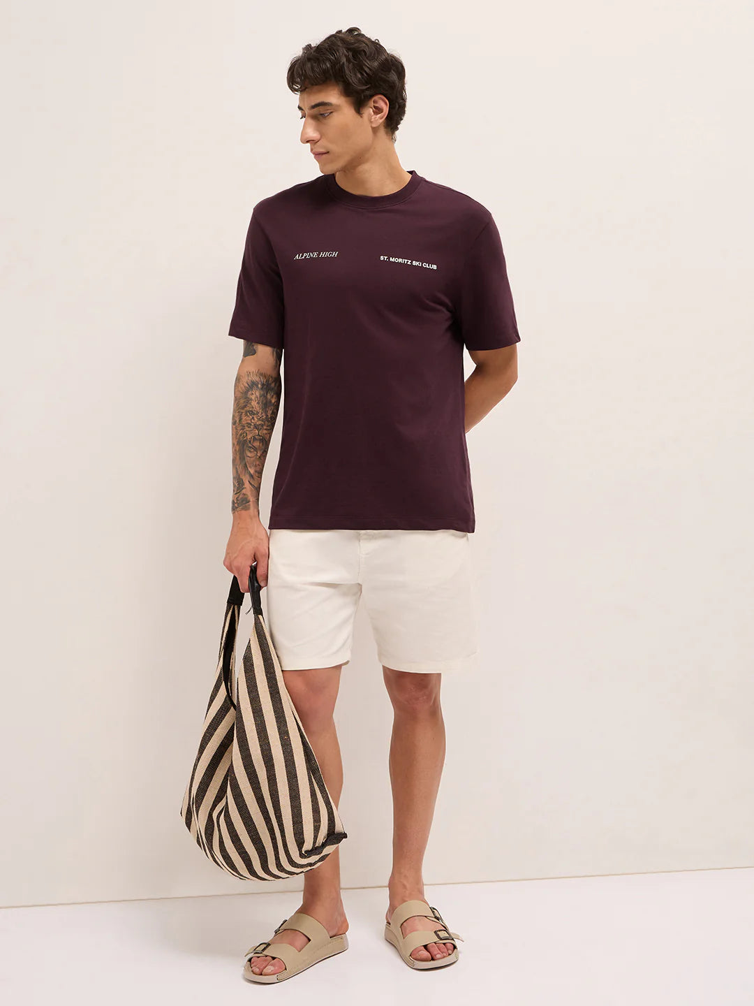 Trendy Maroon Crew Neck T-Shirt for Men Graphic Design with Back Scenic Print