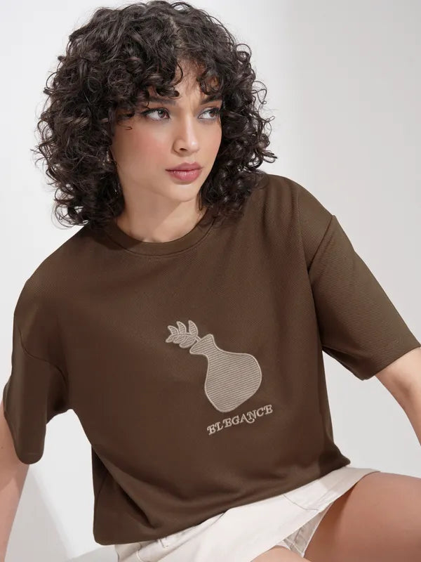 Casual Brown Oversized Self Design T-Shirt for Women