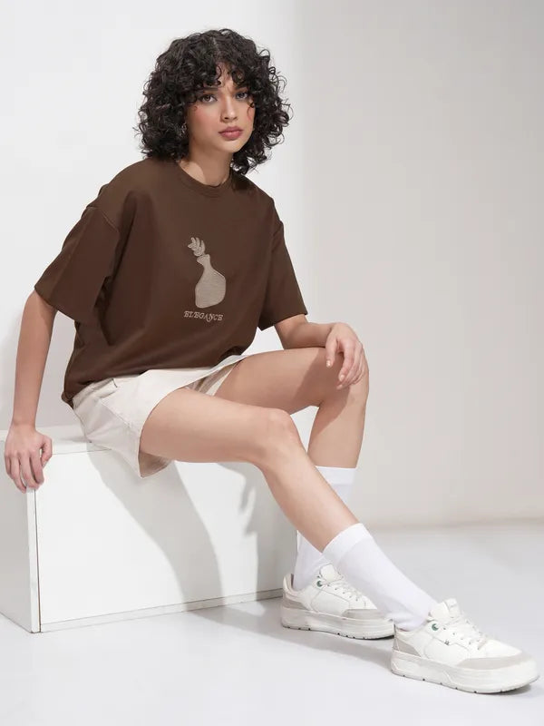 Casual Brown Oversized Self Design T-Shirt for Women