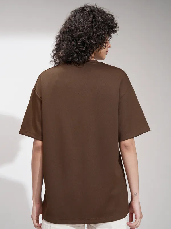 Casual Brown Oversized Self Design T-Shirt for Women