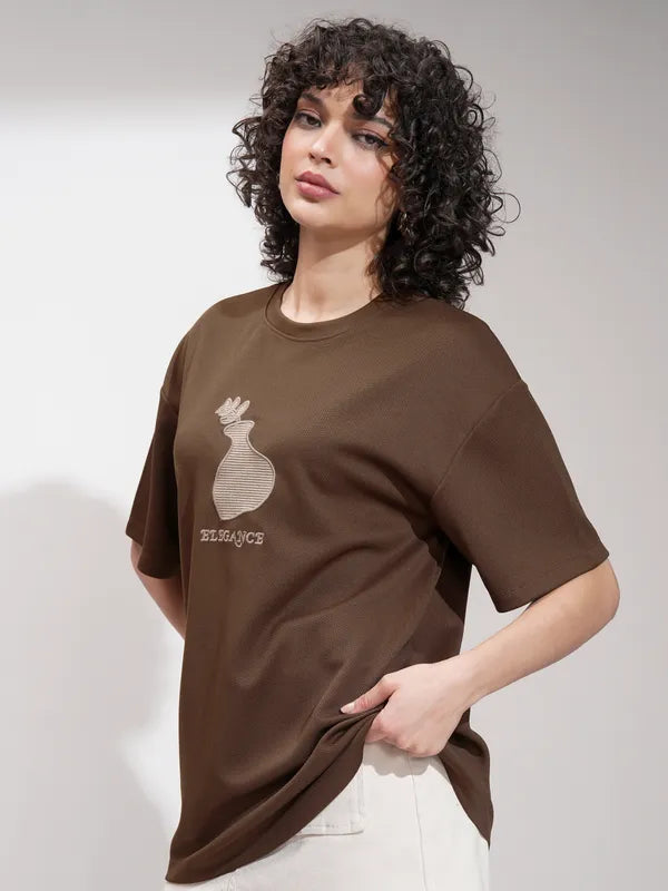 Casual Brown Oversized Self Design T-Shirt for Women