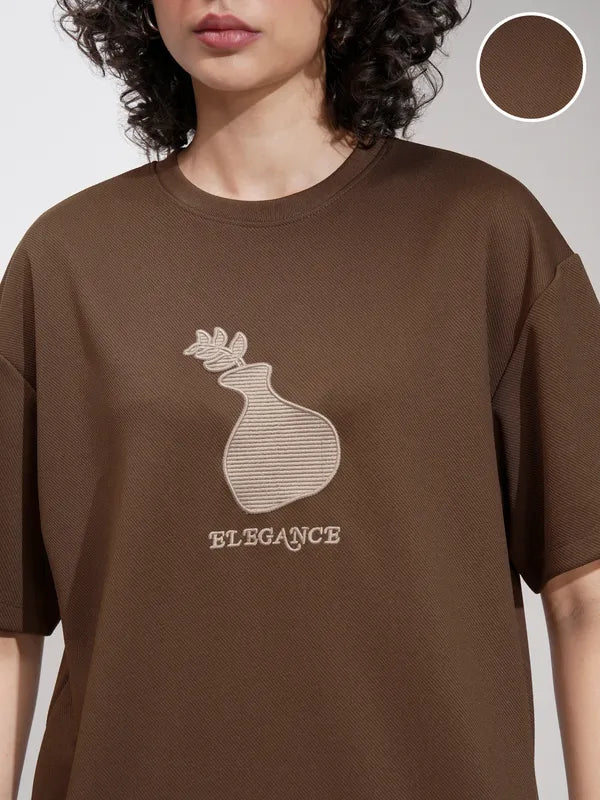 Casual Brown Oversized Self Design T-Shirt for Women