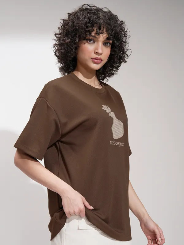 Casual Brown Oversized Self Design T-Shirt for Women