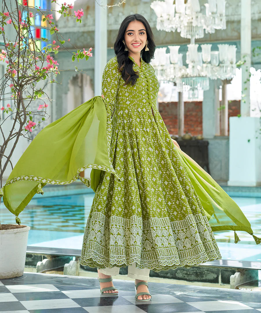 Premium Quality Tender Green Chikankari Embroidery Suit Set for Women with Classic Ethnic Appeal