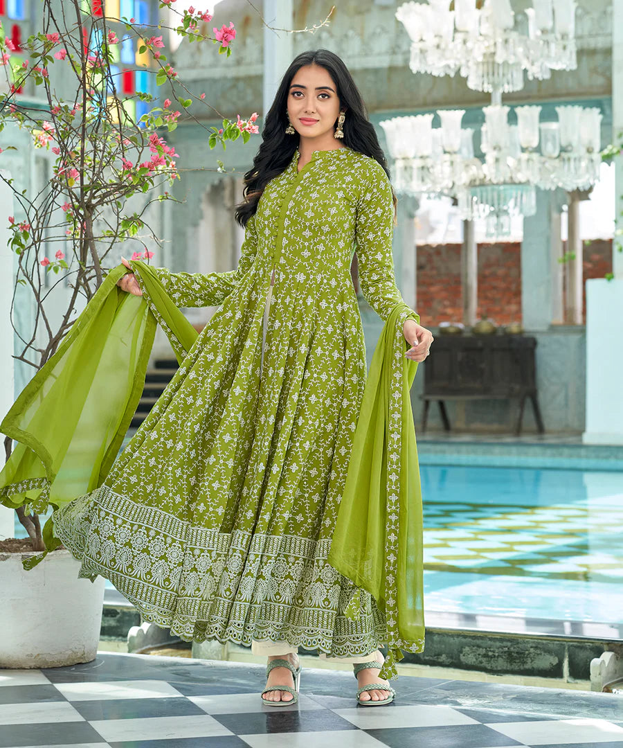 Premium Quality Tender Green Chikankari Embroidery Suit Set for Women with Classic Ethnic Appeal
