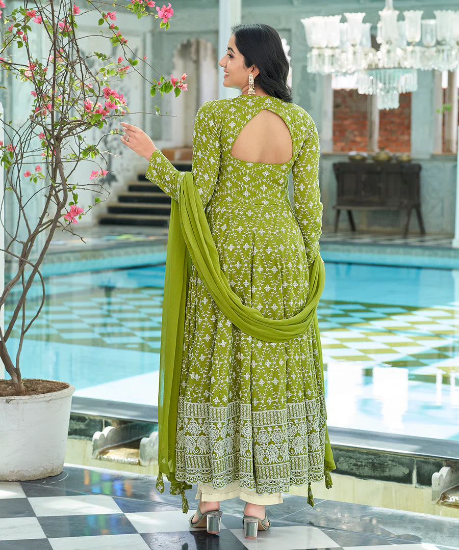 Premium Quality Tender Green Chikankari Embroidery Suit Set for Women with Classic Ethnic Appeal