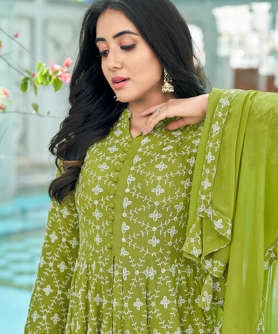 Premium Quality Tender Green Chikankari Embroidery Suit Set for Women with Classic Ethnic Appeal
