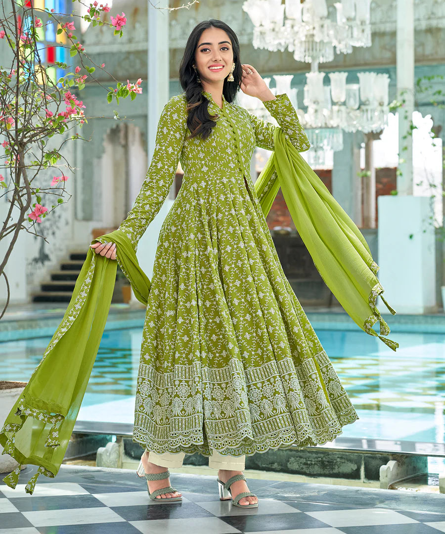 Premium Quality Tender Green Chikankari Embroidery Suit Set for Women with Classic Ethnic Appeal