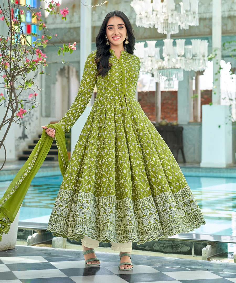 Premium Quality Tender Green Chikankari Embroidery Suit Set for Women with Classic Ethnic Appeal