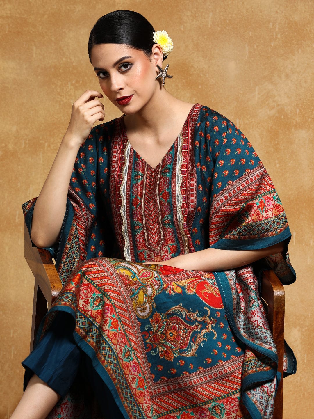 Festive Wear Women Ethnic Printed Flared Kaftan with Trouser and Elegant Zari and Sequin Detailing