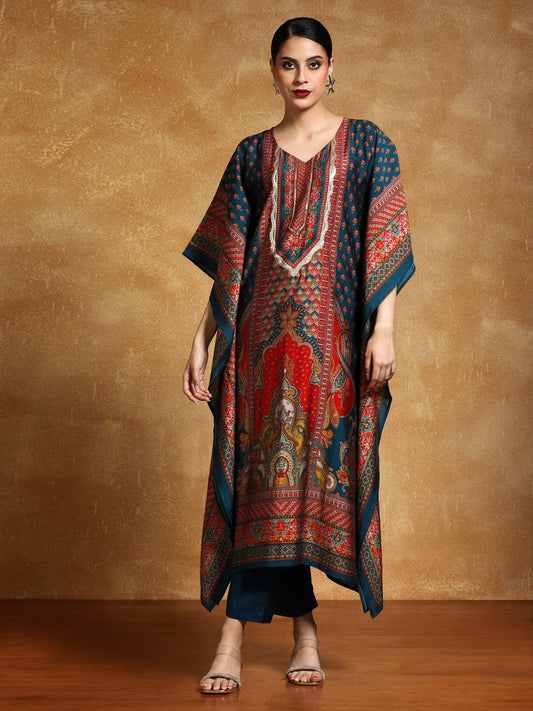 Festive Wear Women Ethnic Printed Flared Kaftan with Trouser and Elegant Zari and Sequin Detailing