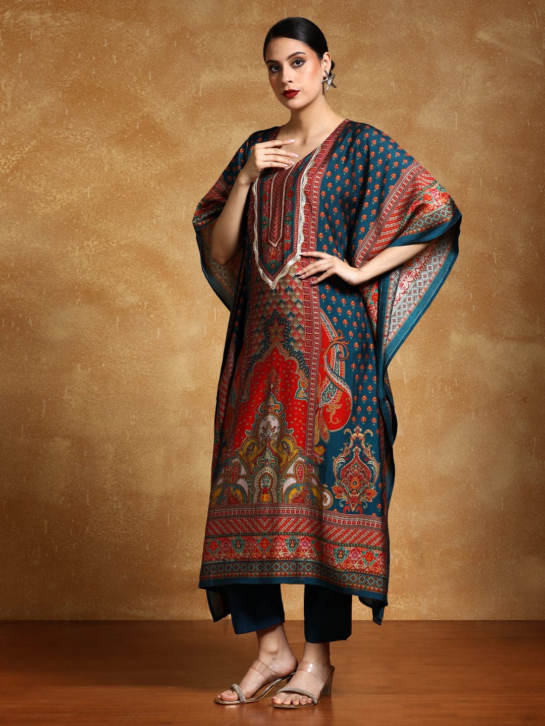 Festive Wear Women Ethnic Printed Flared Kaftan with Trouser and Elegant Zari and Sequin Detailing