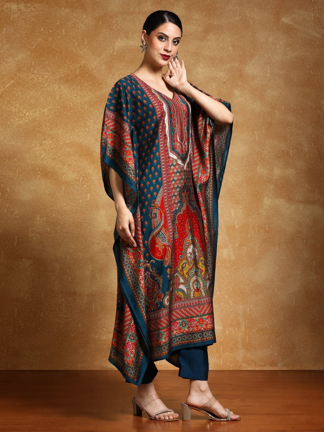 Festive Wear Women Ethnic Printed Flared Kaftan with Trouser and Elegant Zari and Sequin Detailing