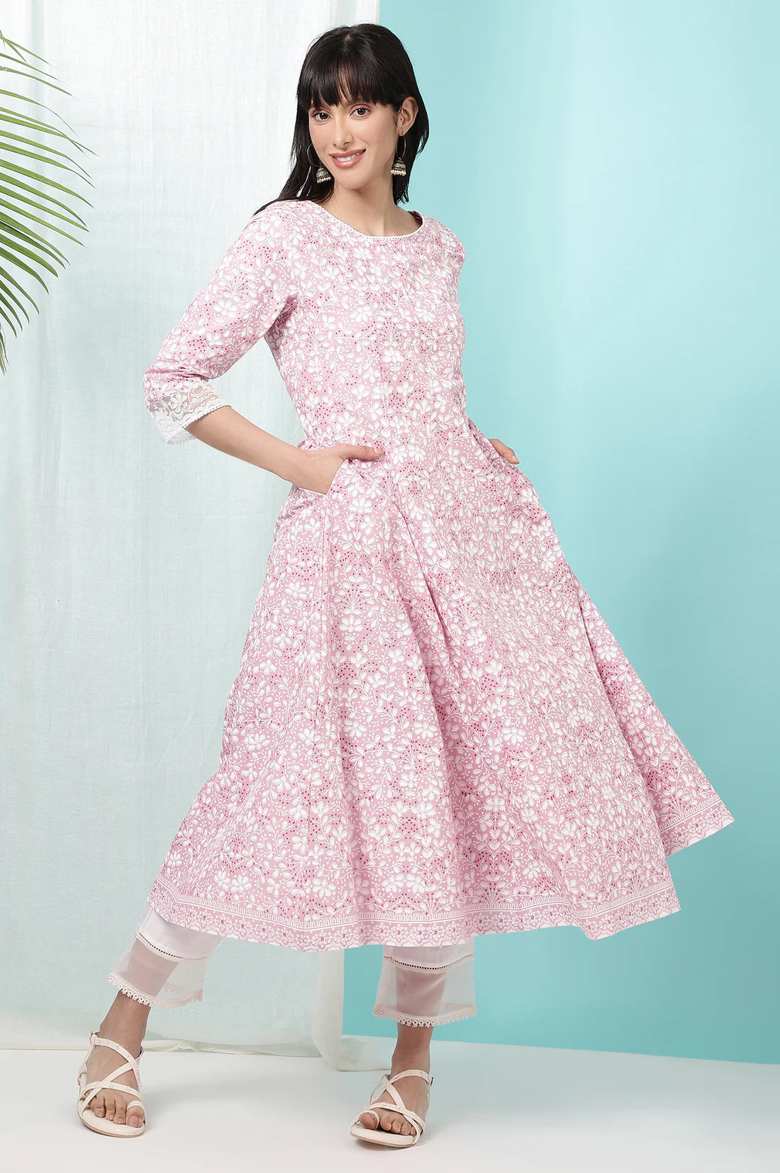 Pink Pure Cotton Floral Printed Anarkali Kurta for Women’s Party, Wedding, and Daily Wear