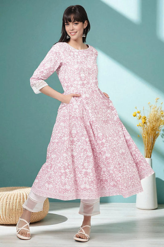 Pink Pure Cotton Floral Printed Anarkali Kurta for Women’s Party, Wedding, and Daily Wear