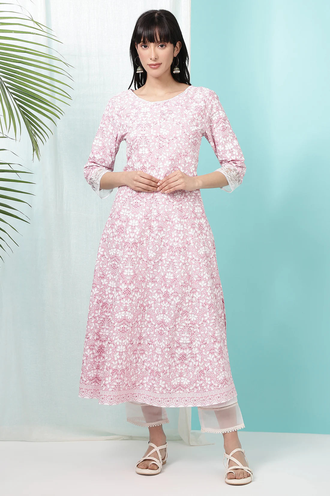 Pink Pure Cotton Floral Printed Anarkali Kurta for Women’s Party, Wedding, and Daily Wear