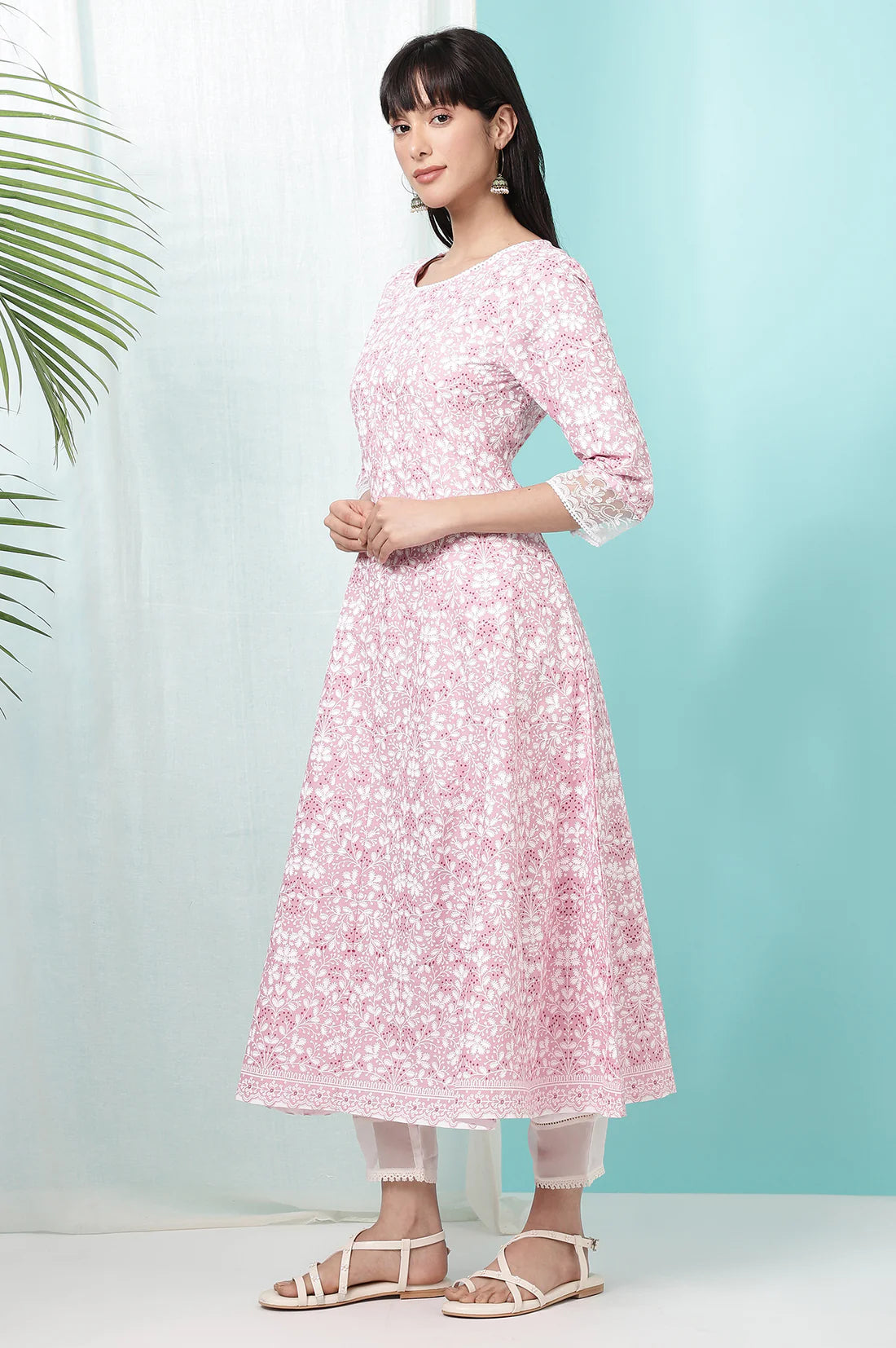 Pink Pure Cotton Floral Printed Anarkali Kurta for Women’s Party, Wedding, and Daily Wear