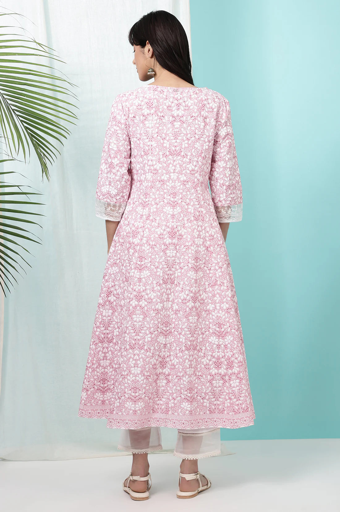 Pink Pure Cotton Floral Printed Anarkali Kurta for Women’s Party, Wedding, and Daily Wear