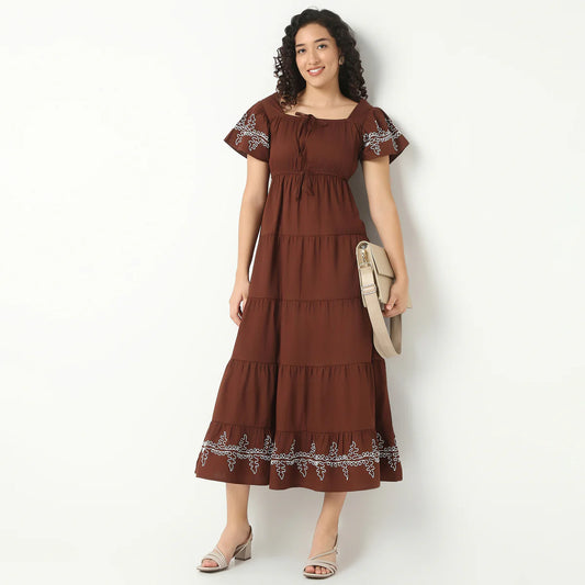 Sophisticated Long Embroidered Tiered Dress for Party and Casual Wear