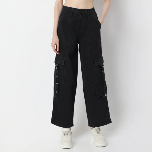 Full Length High Rise Solid Cargo Jeans with Functional Design