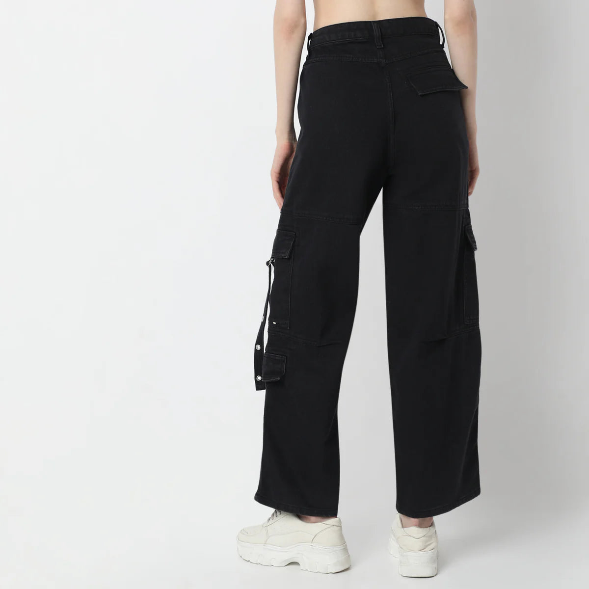 Full Length High Rise Solid Cargo Jeans with Functional Design