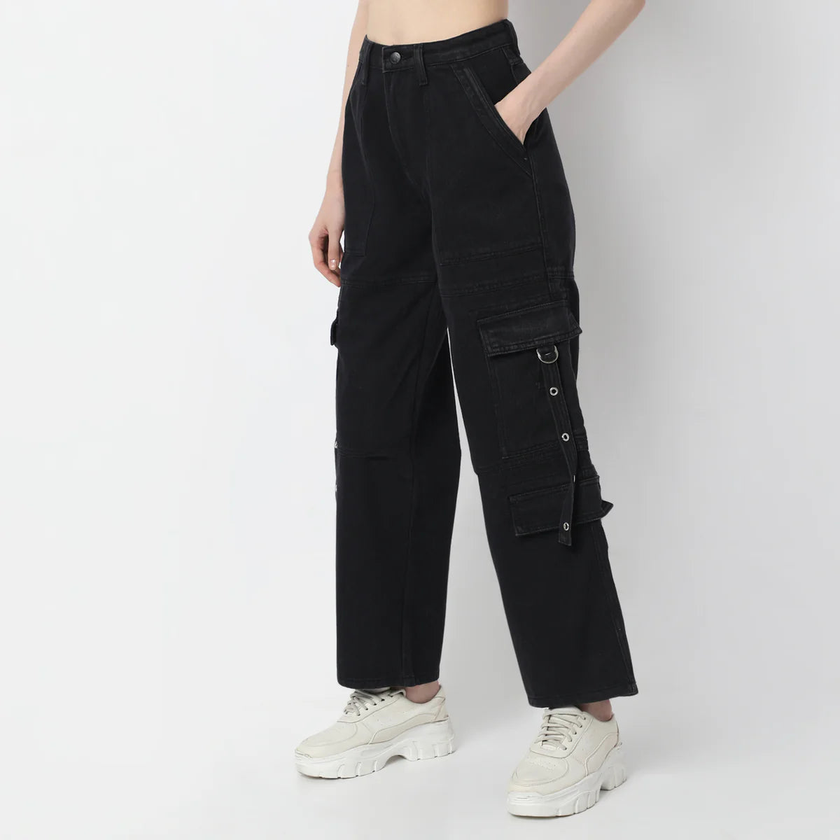 Full Length High Rise Solid Cargo Jeans with Functional Design