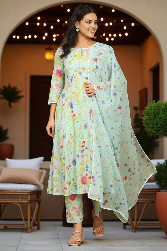Trendy Light Turquoise Blue Cotton Flared Kurta and Pants Set with Matching Dupatta and Delicate Floral Prints for Women