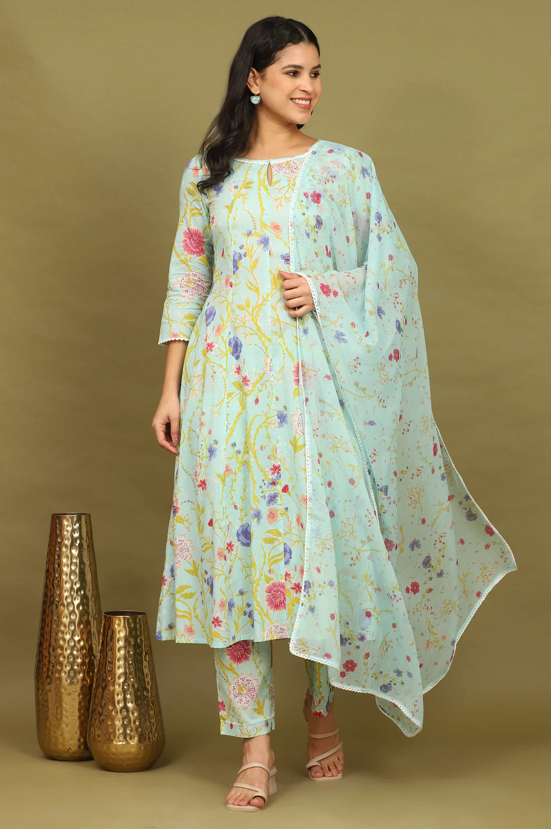 Trendy Light Turquoise Blue Cotton Flared Kurta and Pants Set with Matching Dupatta and Delicate Floral Prints for Women