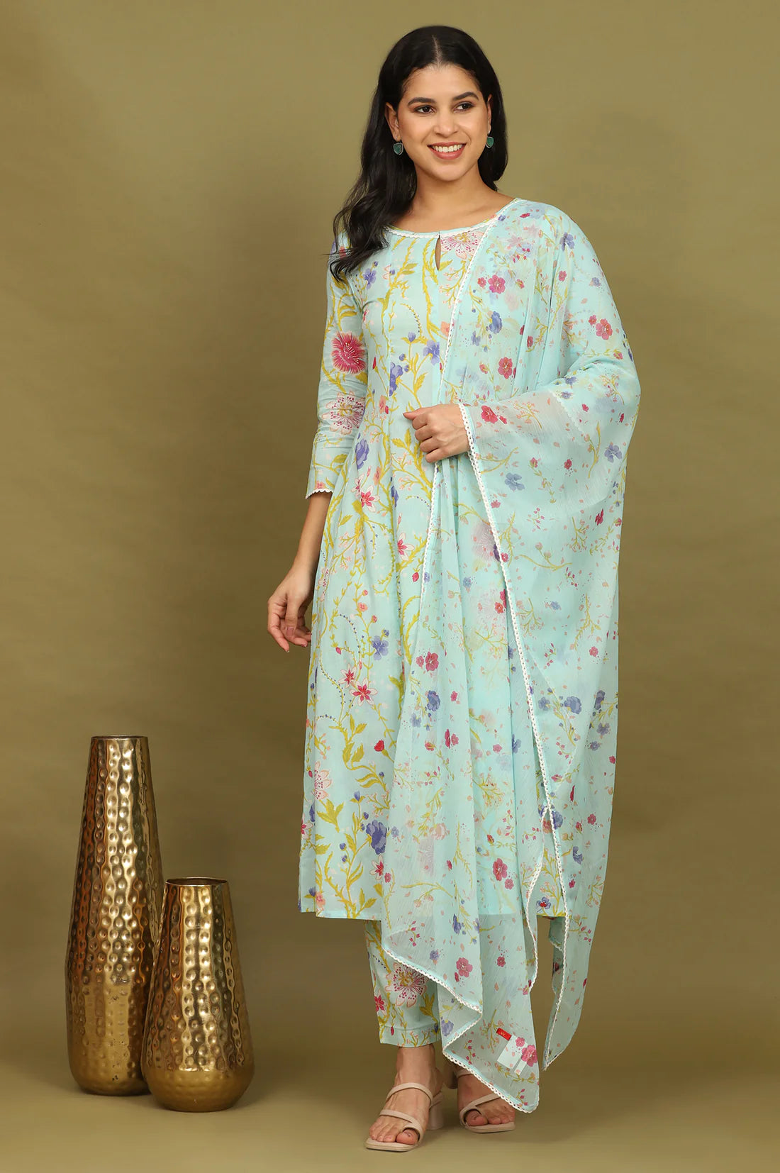 Trendy Light Turquoise Blue Cotton Flared Kurta and Pants Set with Matching Dupatta and Delicate Floral Prints for Women