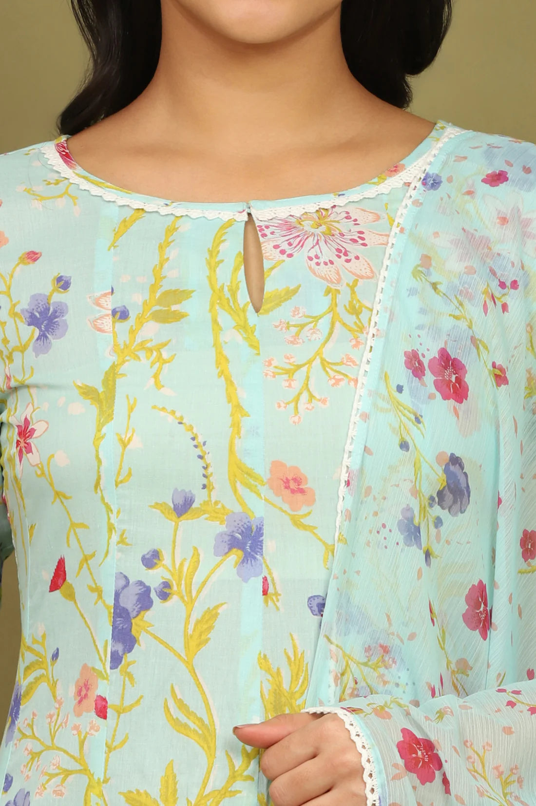 Trendy Light Turquoise Blue Cotton Flared Kurta and Pants Set with Matching Dupatta and Delicate Floral Prints for Women